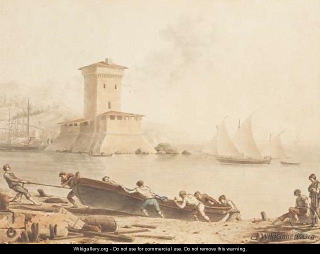 Sailors hauling a boat up a beach, a tower seen across a bay beyond - Victor Jean Nicolle