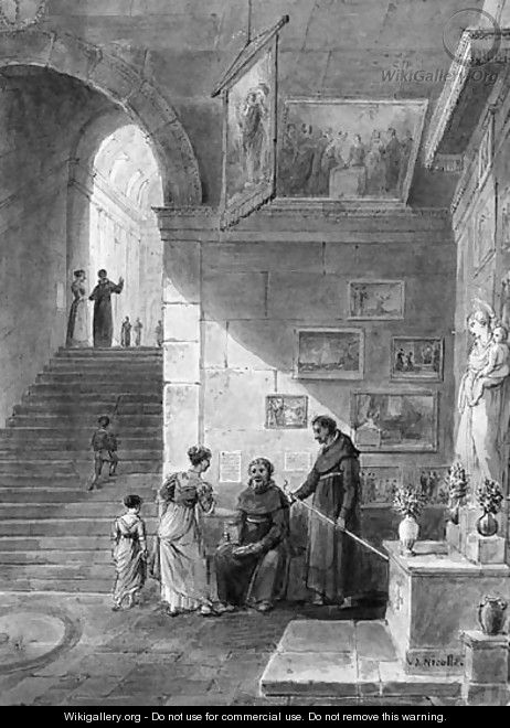 A woman and her child giving alms to two monks in the chapel of a church - Victor Jean Nicolle