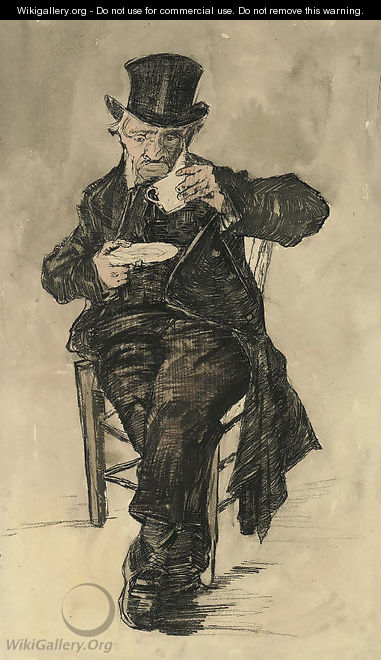 Orphan Man with a Top Hat Drinking a Cup of Coffee - Vincent Van Gogh