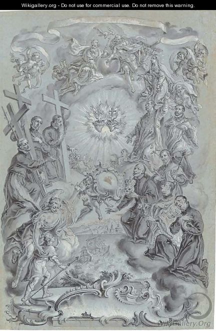 The Trinity and Saints surrounding the Sacred Hearts of Christ and the Virgin Mary, a coastal landscape below - Vitus Felix Rigl