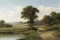 A shepherd by a pond in a wooded landscape - William Heath