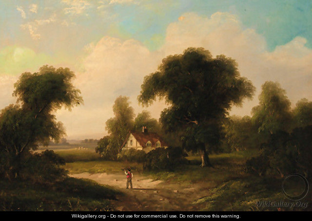 A faggot gatherer before a cottage in a wooded landscape - William Heath