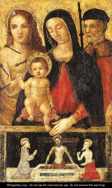 The Madonna and Child with Saint Sebastian and a pilgrim saint - Umbro-Roman School