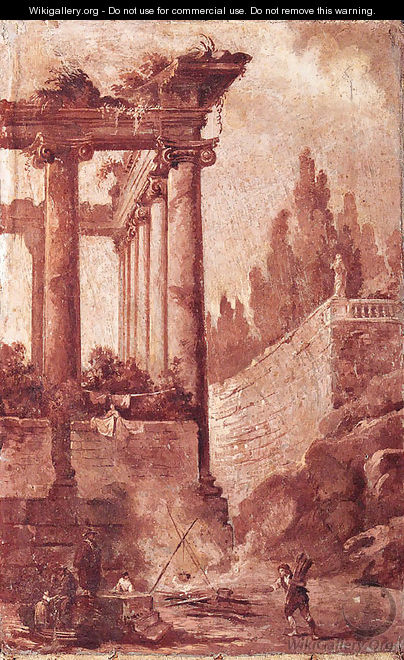A Capriccio Of A Ruined Ionic Temple With Figures Before A Campfire - Venetian School