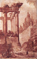 A Capriccio Of A Ruined Ionic Temple With Figures Before A Campfire - Venetian School