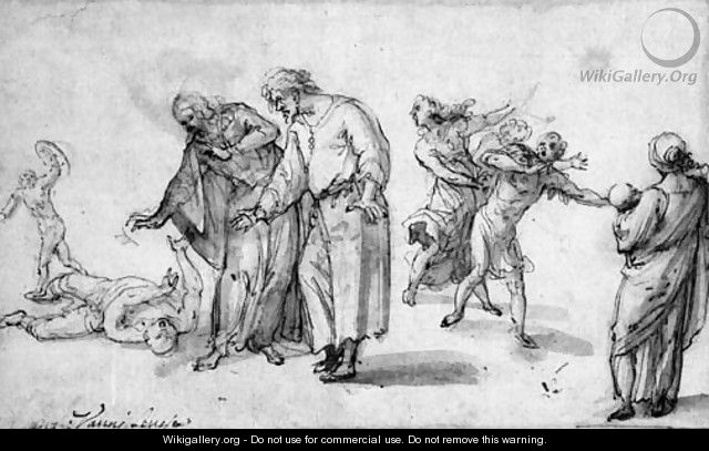A Wounded Boy Attended By A Woman And A Man, With Figures Fleeing - Ventura Salimbeni