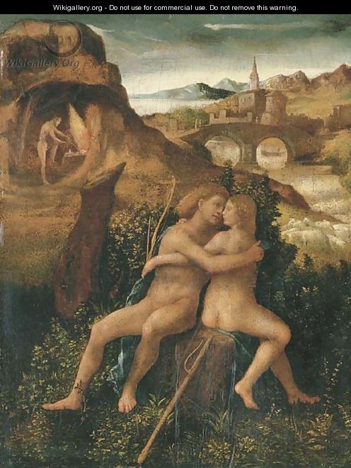 Venus and Mars in a river landscape with Vulcan labouring in his forge - Venetian School