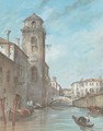 A view of a Venetian canal with a tower, a gondola in the foreground - Venetian School