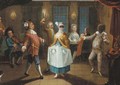 Elegant figures dancing in an interior with a harlequin - Venetian School