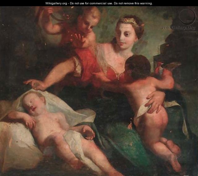 A lady with a tiara surrounded by three putti - Venetian School
