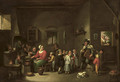 An interior with a hurdy-gurdy player making music, children listening and eating pancakes - Victor Mahu