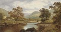 Sheep and cottages beside a river - Thomas Spinks