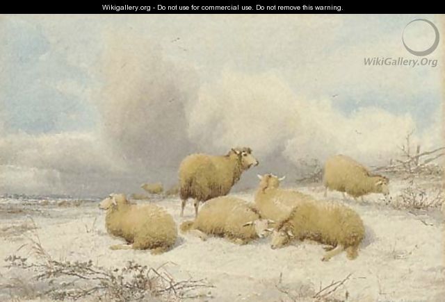 Sheep resting in the snow - Thomas Sidney Cooper