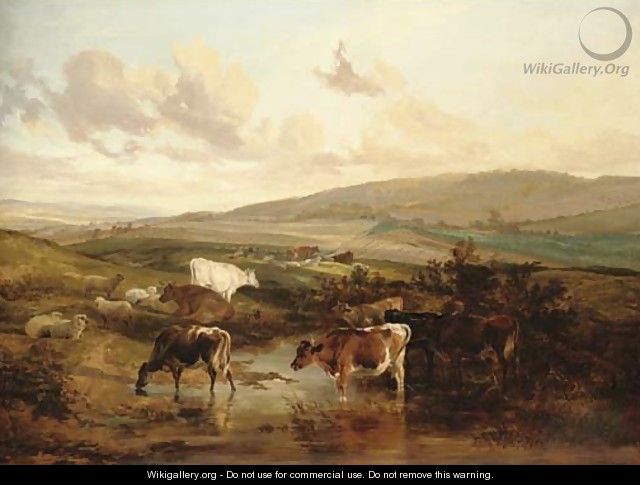 Sheep and cattle by a pond - Thomas Sidney Cooper