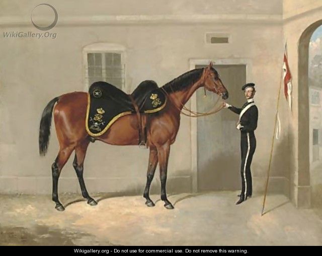 The Charger of Henry Cavendish Taylor, 17th Lancers, held by a trooper outside the Officers Stables at Nottingham - Thomas W. Bretland