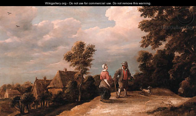 Peasants returning from market on a sandy path by a village - Thomas Van Apshoven