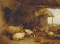 Sheep and cattle in a barn - Thomas Sidney Cooper