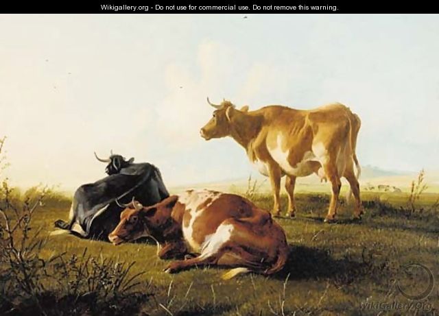 Cattle resting on a grassy mound in an extensive landscape - Thomas Sidney Cooper
