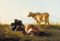 Cattle resting on a grassy mound in an extensive landscape - Thomas Sidney Cooper
