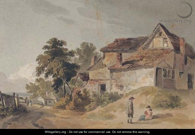 Figures by an old farmhouse at the edge of a track - Tobias Young