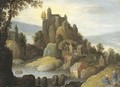 An Alpine river landscape with a clifftop castle and a village, two pilgrims in the foreground - Tobias van Haecht (see Verhaecht)