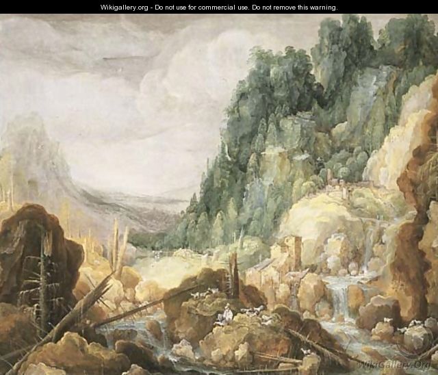A mountainous river landscape with a goatherder resting on a rock, a watermill and a waterfall beyond - Tobias van Haecht (see Verhaecht)