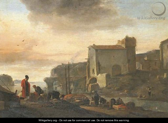 An Italianate port with stevedores unloading a ship in the foreground - Thomas Wyck