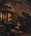 An alchemist at work in a vaulted room, with a woman seated by a cradle - Thomas Wijck