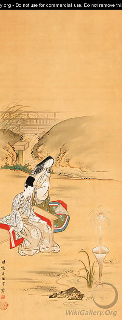 Nobleman and lady viewing a fountain in a garden - Tsukioka Sessai