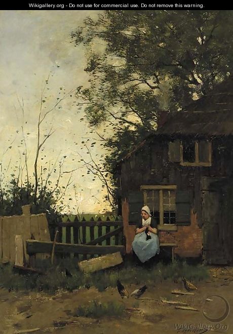 A peasant woman knitting in a farmyard - Tony Lodewijk George Offermans