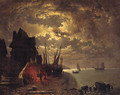 Fisherfolk Before A Fire At Low Tide, In A Moonlit Coastal Inlet - Tony Francis De Bergue