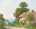 Figures before a thatched cottage - Thomas E. Mostyn
