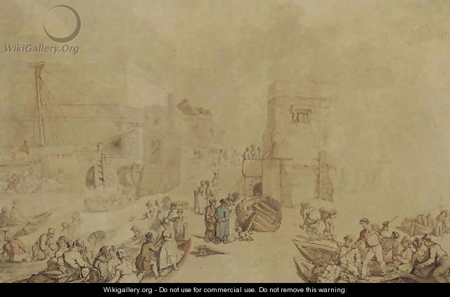 A crowded day in the harbour, with ferry boat passengers alighting onto the foreshore - Thomas Rowlandson