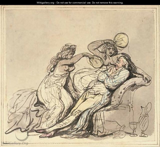 Deux femmes agitant des eventails devant un homme assis sur un fauteuil - Thomas Rowlandson