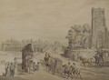 Bustling activity before St. Mary's Church with Putney Bridge beyond - Thomas Rowlandson