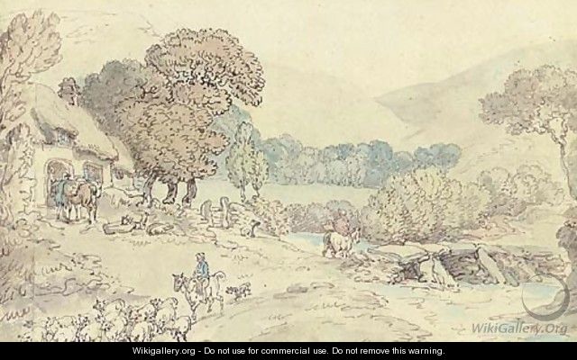 A river landscape with a drover with sheep in the foreground; possibly Cornwall - Thomas Rowlandson