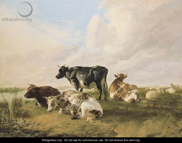 A bull, cows and sheep in a river landscape - Thomas Sidney Cooper