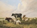 A bull, cows and sheep in a river landscape - Thomas Sidney Cooper