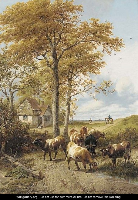 Cattle by a cottage, and a rider with his dog, Canterbury beyond - Thomas Sidney Cooper