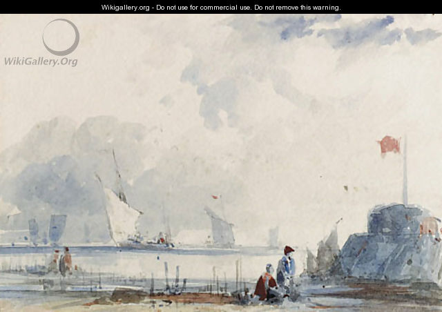 Shipping off the Normandy coast, with figures on the shore - Thomas Shotter Boys