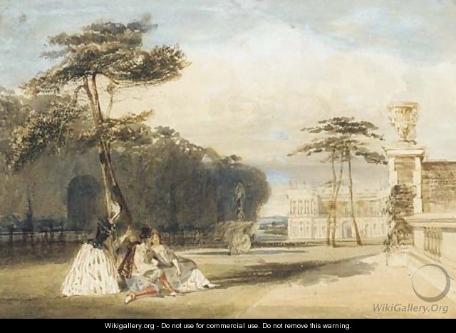 Figures in Van Dyke costume in the grounds of a chateau - Thomas Shotter Boys