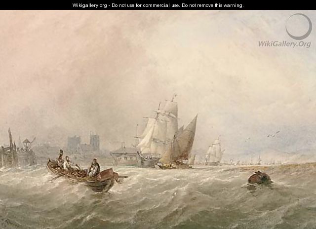 Fishermen hauling in their nets on the Medway amidst other shipping, Rochester Cathedral beyond - Thomas Sewell Robins