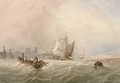 Fishermen hauling in their nets on the Medway amidst other shipping, Rochester Cathedral beyond - Thomas Sewell Robins