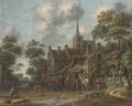 A town with horseman and other figures drinking outside an inn - Thomas Heeremans