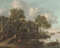 A river landscape with fishermen bringing in their catch and villagers conversing on a bridge - Thomas Heeremans