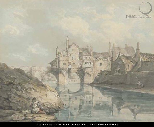 Elvet bridge, Durham, with a washerwoman in the foreground - Thomas Hearne