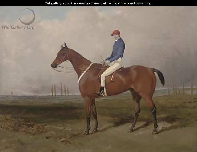 A bay steeple-chaser, with jockey up, the course beyond - Thomas Goode
