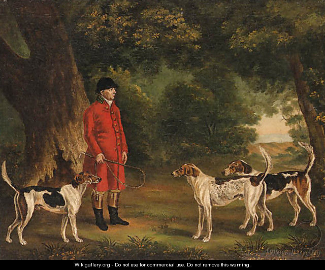 Portrait of Thomas Sebright with Hounds of the New Forest Hunt, in a wooded landscape - Thomas Gooch