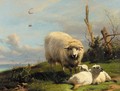 A ewe with lambs in a coastal landscape - Thomas George Cooper