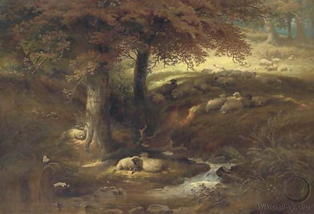 Landscape with sheep by a stream - Thomas George Cooper